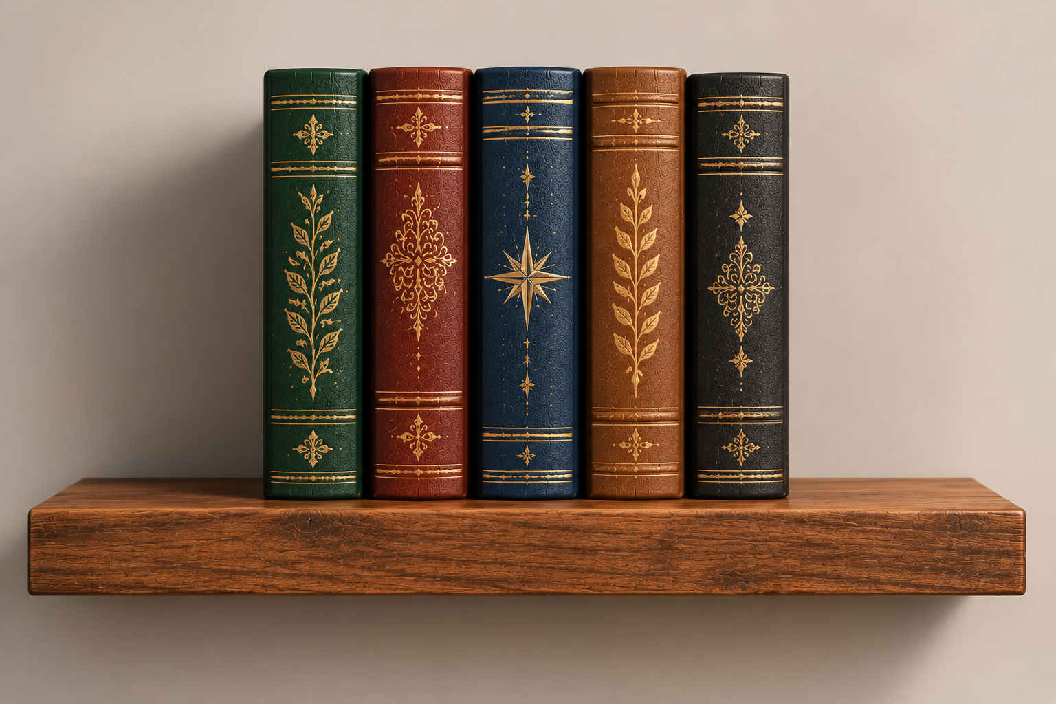 Five books stacked on a shelf